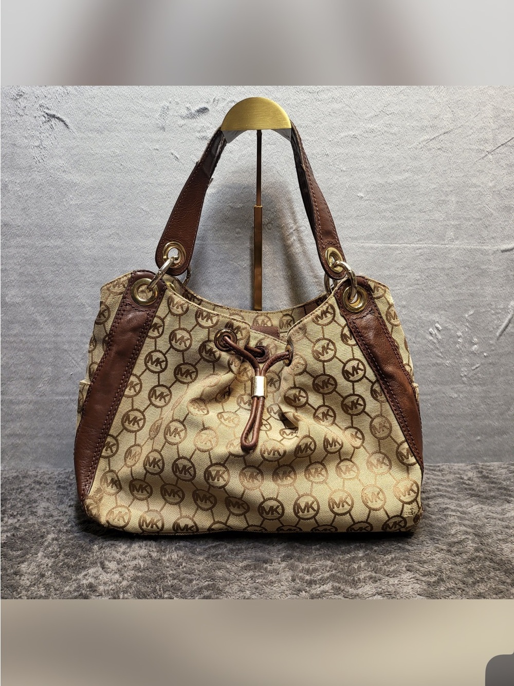 Michael Kors Beige and Brown Signature Drawstring Shoulder Bag